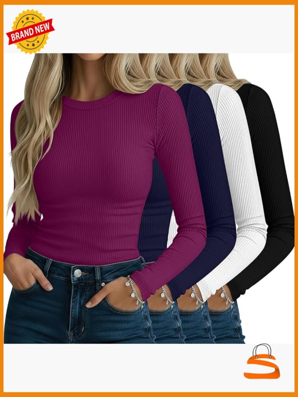4 Pack Women's Ribbed Long Sleeve Shirts Crew Neck Slim Fit Stretch Knit Tops